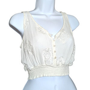 Forever 21 White Eyelet Lace Button Front Prairie Boho Cropped Tank Top Blouse M
